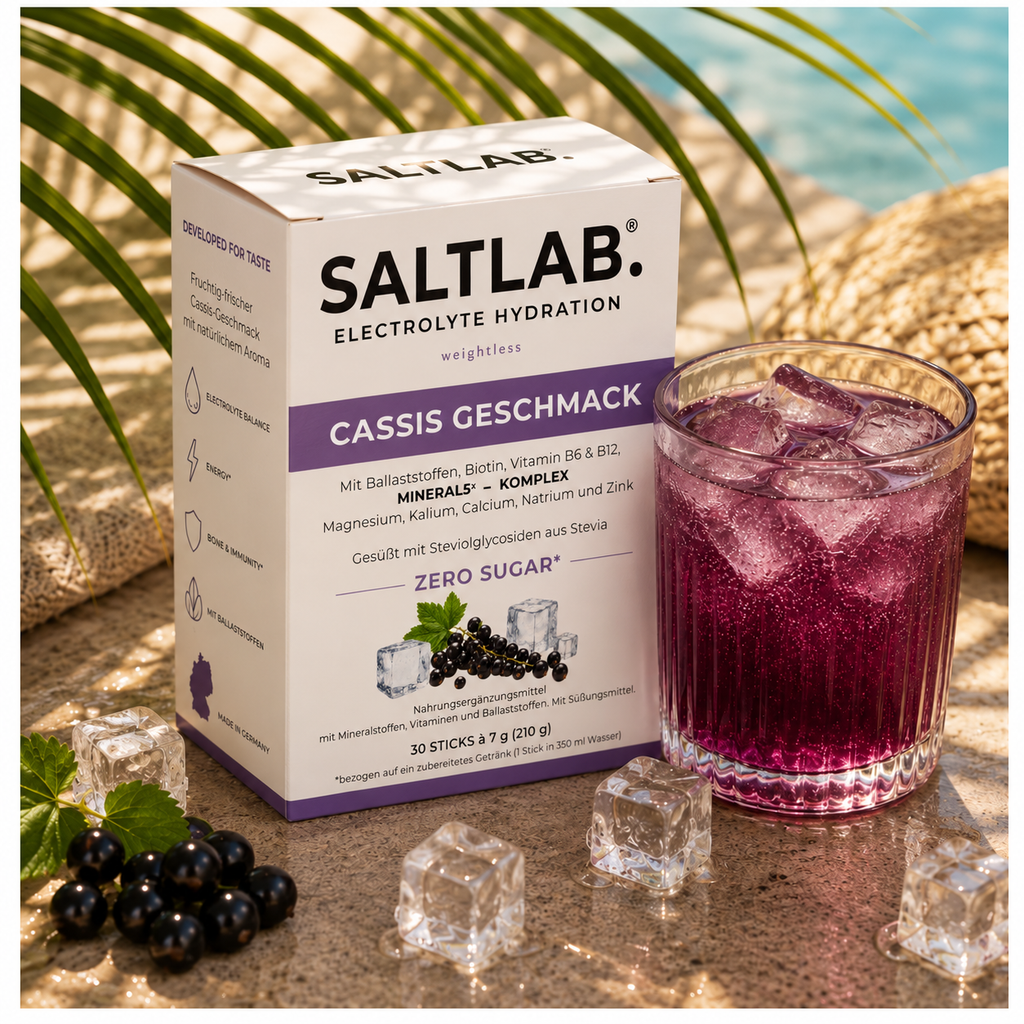 SALTLAB Weightless Cassis Elektrolyt-Sticks ohne Zucker – Box mit Drink am Pool