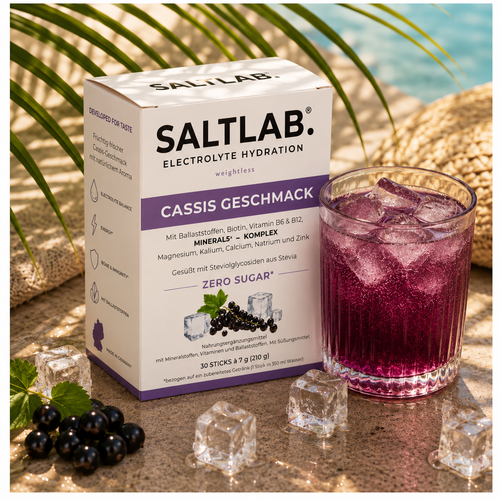 SALTLAB Weightless Cassis Elektrolyt-Sticks ohne Zucker – Box mit Drink am Pool