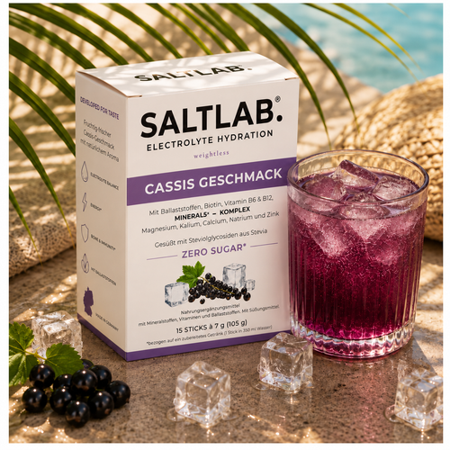 SALTLAB Weightless Cassis Elektrolyte ohne Zucker – Box mit Glas am Pool